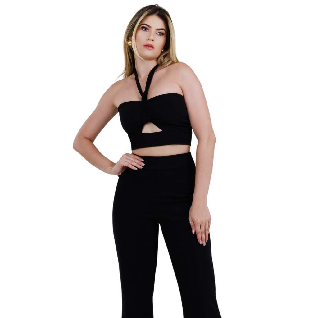 Conjunto Feminino De Blusa Cropped Decote e Calça Flare #CJ31