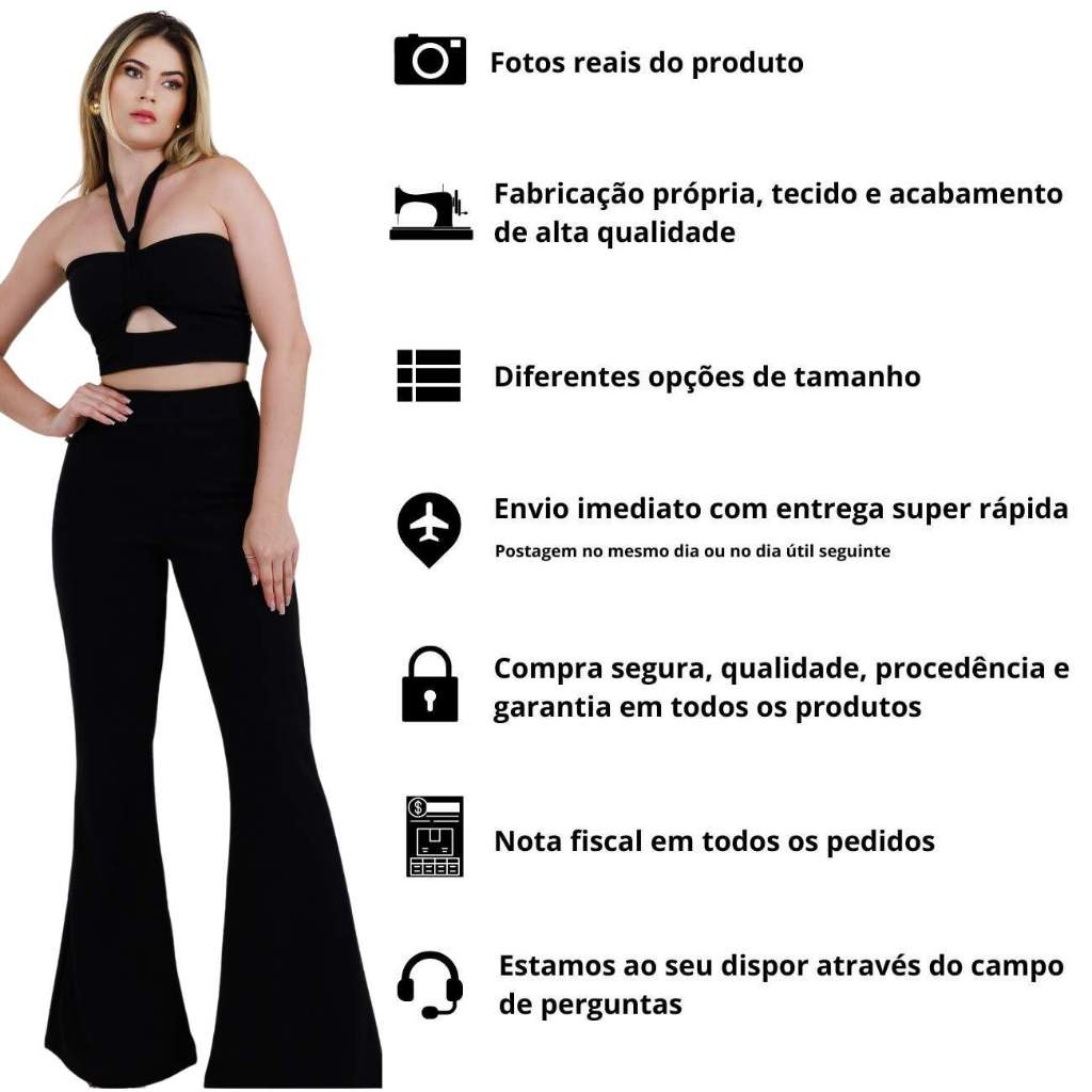 Conjunto Feminino De Blusa Cropped Decote e Calça Flare #CJ31