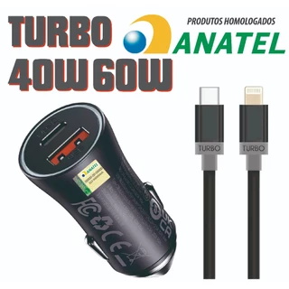 Carregador IOS 40W 60W Veicular Automotivo Carro Turbo Homologado Anatel iPhone X XR 11 12 13 14 Pro