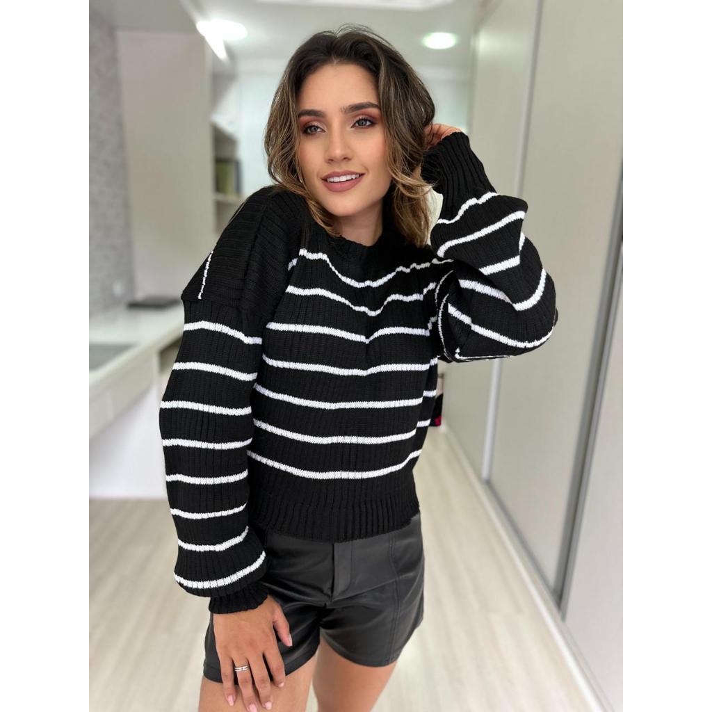 Blusa Feminina Listrada Cropped Canelado de Tricô Sueter de Listra Oversized Manga Bufante