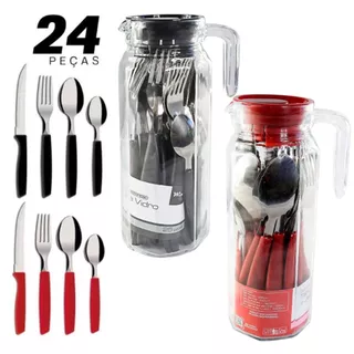 Conjunto de Talheres Faqueiro Aço Inox 24 Peças com Jarra de Vidro Preto ou Vermelho