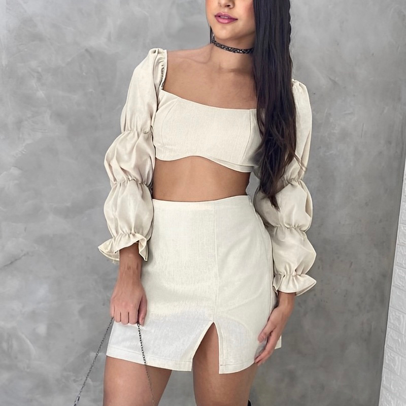 Conjunto Feminino Cropped e Saia Curta Com Fenda Linho Manga Longa ...
