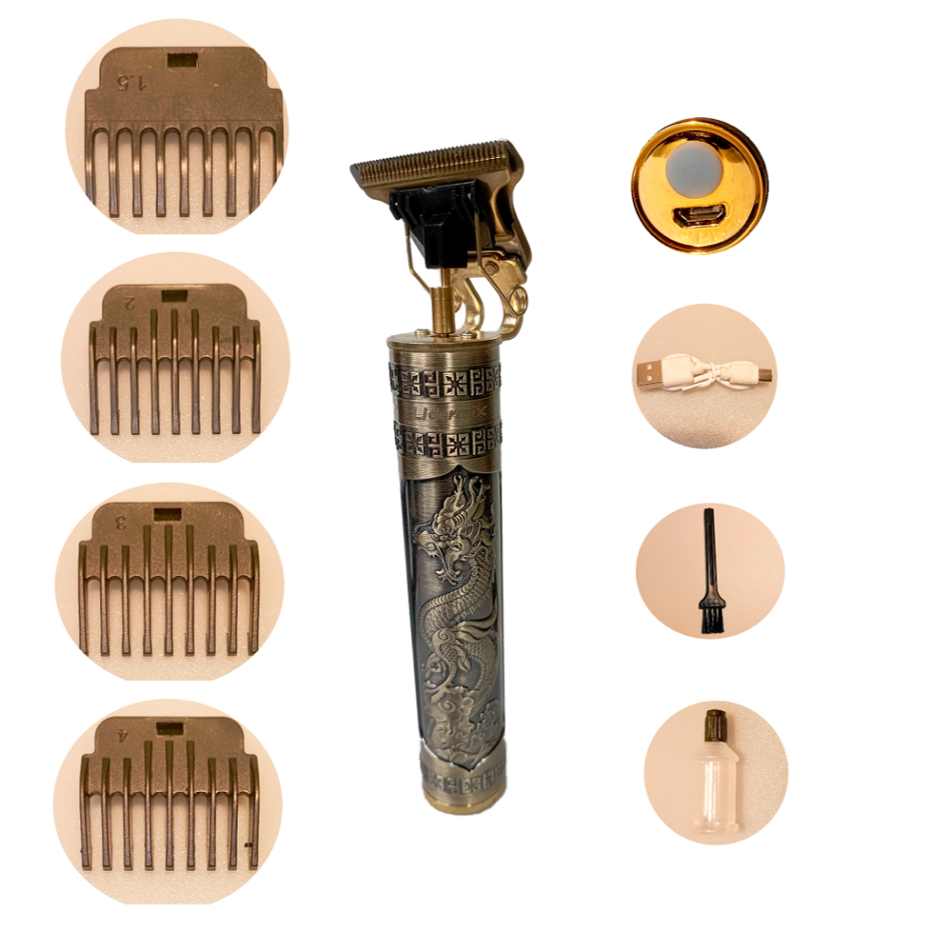 Maquininha Dragão Recarregável dourada de Metal para corte e acabamento no cabelo e na barba. (LiderMix)
