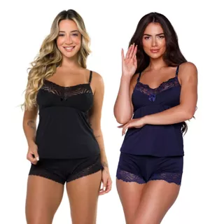 Kit 2 Baby Doll Pijama Dormir Feminino Lingerie Short Camiseta sem Bojo Renda Linha Noite