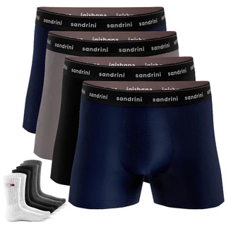 Kit 4 Cuecas Boxer Sandrini Adulto Algodão + 3 Pares Meias Promoção