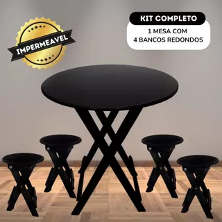 Conjunto Mesa Madeira C/ 4 Banquetas Dobrável Jardim Lar Área Externa