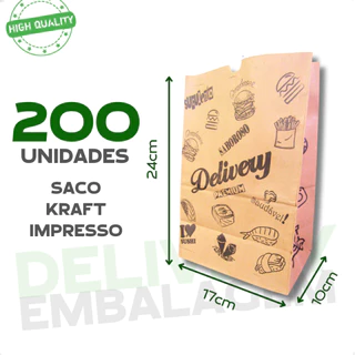 Kit 200 Sacos Kraft Papel Pardo Para Delivery Entregas Impresso Embalagem para Lanche 17x10x24