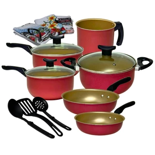 Jogo de Panelas Kit 12 Pçs Antiaderente Tampa Vidro Teflon
