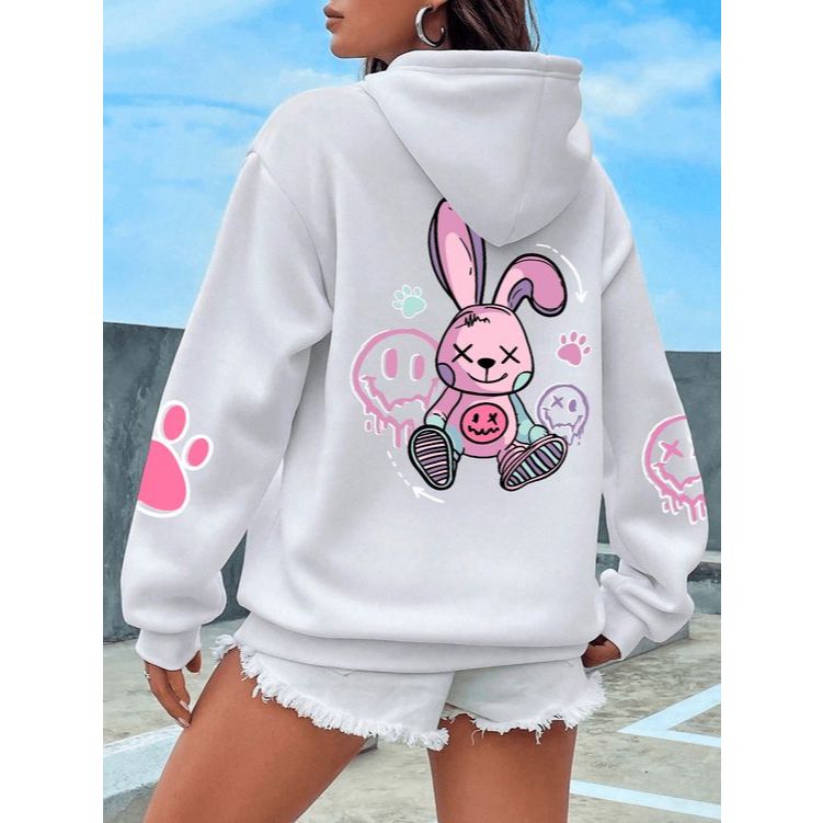 Moletom Canguru Estampado Coelho Cute Girls Streetwear Inverno Flanelado