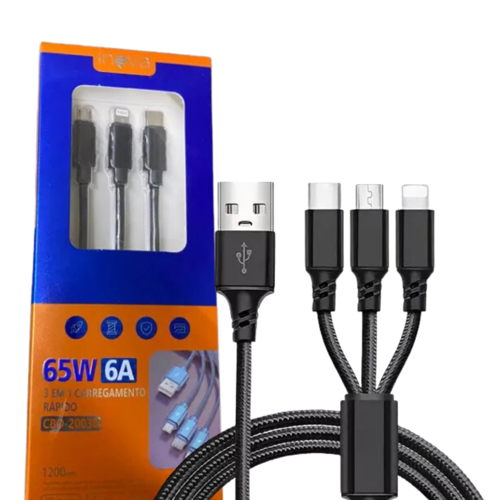 Kit cabo Usb 3 Em 1 Ultra Rápido Turbo Type-C, Lightning, V8 INOVA