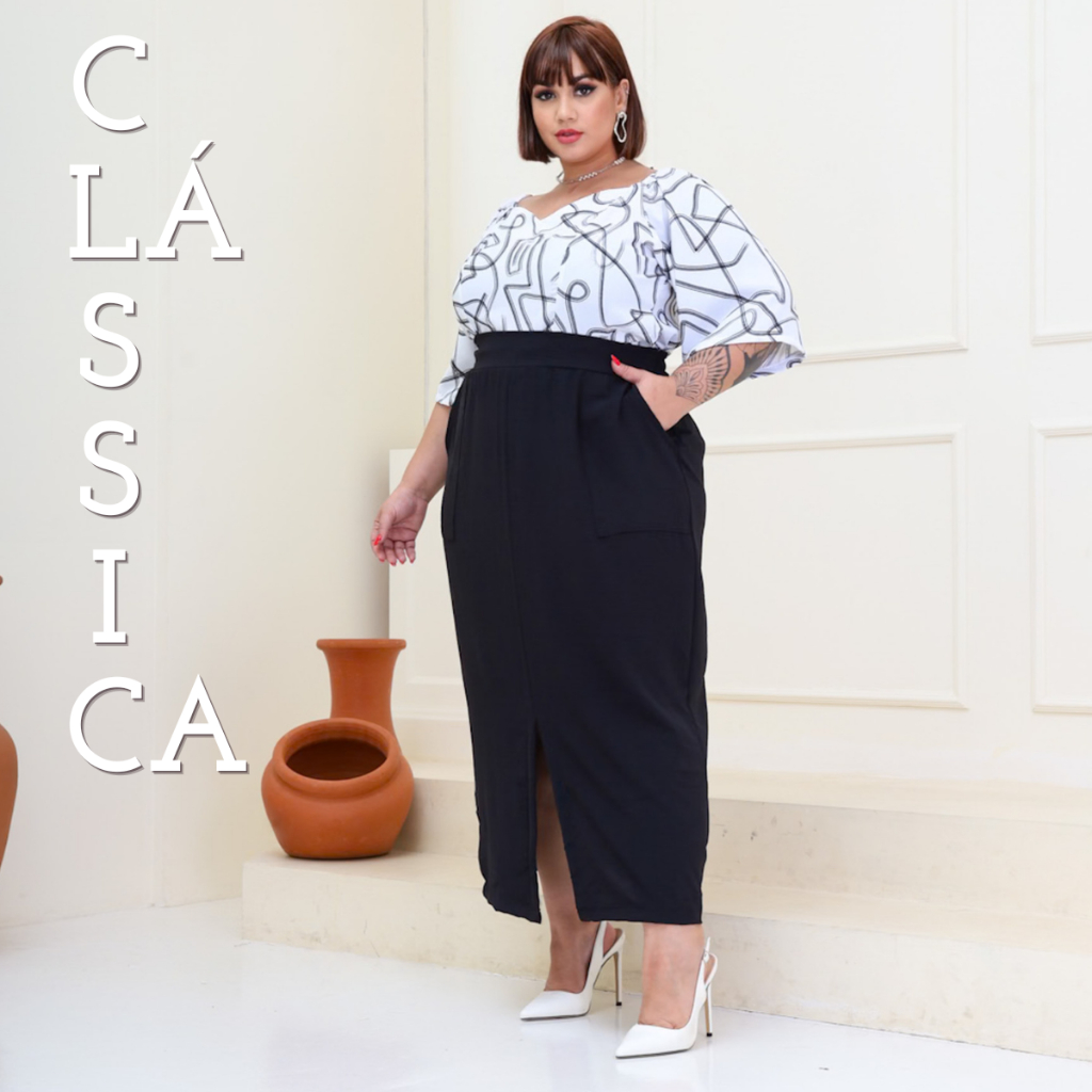 Saia Midi Preta Plus Size Cintura Alta Tendência Curvy Social Moda ...