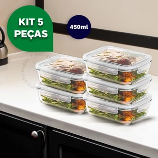 Kit 5 Potes Vidro Hermético Mantimentos Retangular Marmita 450ml Premium