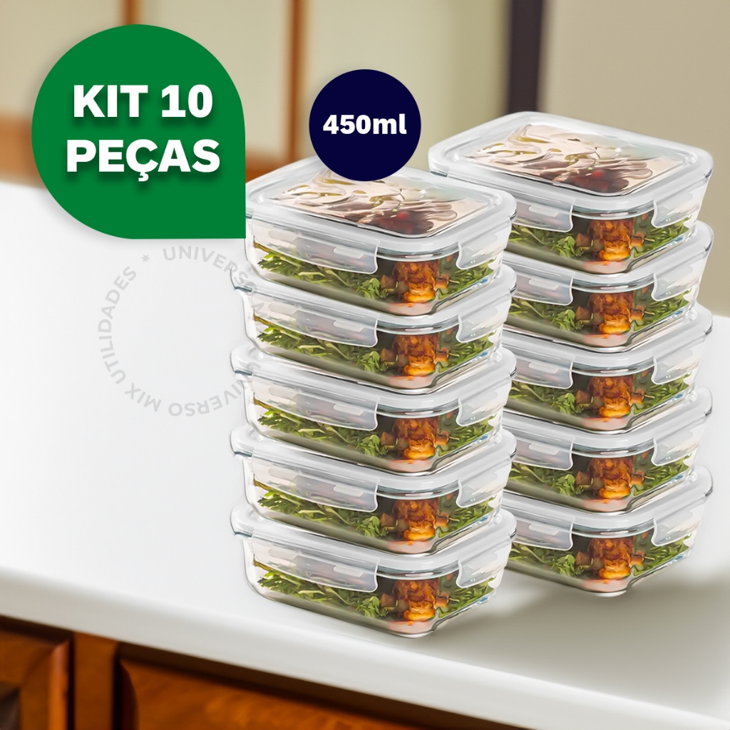 Kit 10 Potes Vidro Hermético Mantimentos Retangular Marmita 450ml Premium