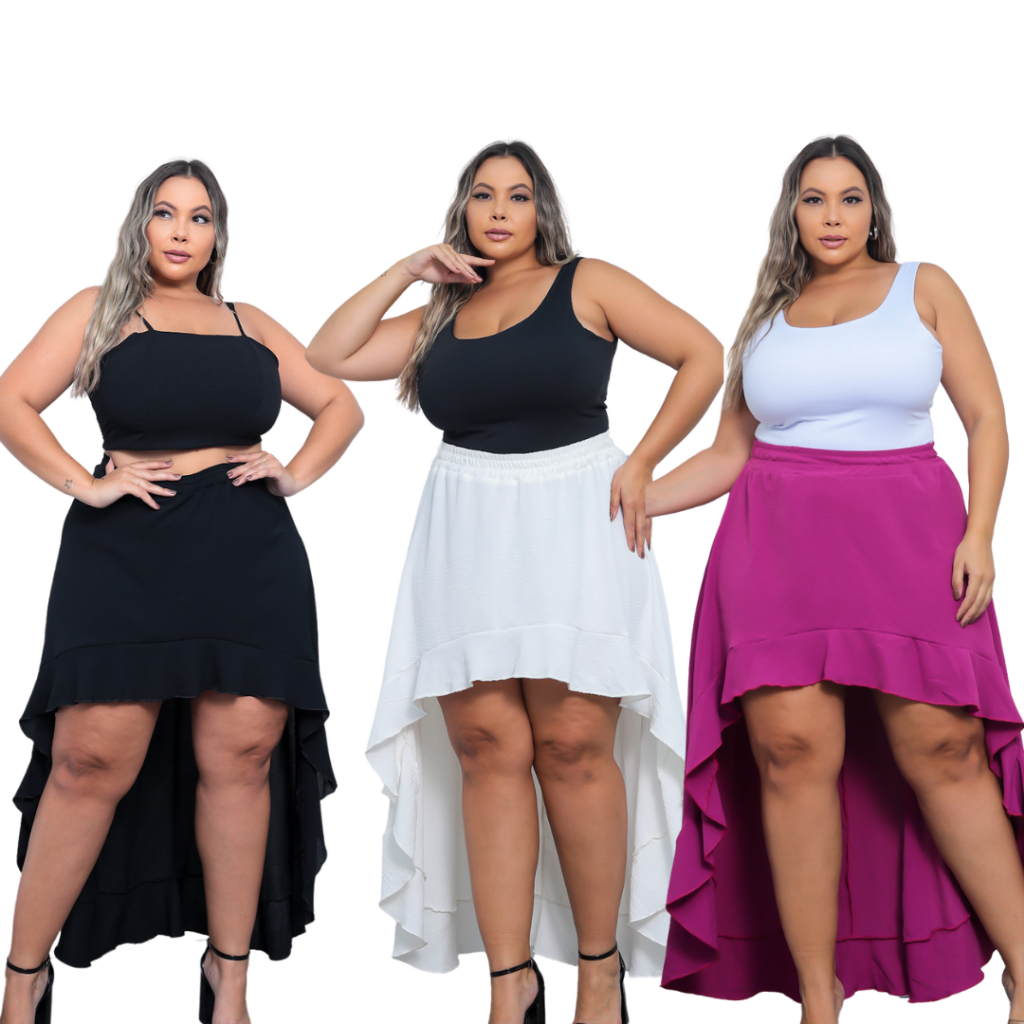 Saia assimétrica curta na frente e longa atrás no PLUS SIZE, P,MG verde ...