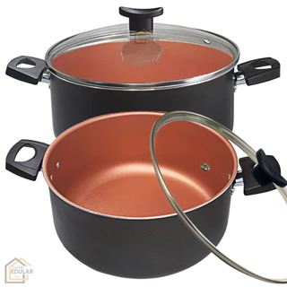 Kit Jogo Panela Plus 2 peças Tamanho Grande 22 e 24 cm Antiaderente Tampa de Vidro Cor Cobre e Preto