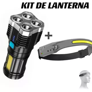 KIT de Lanterna Tatica Recarregavel + Lanterna de Cabeça Led Corpo Motion Camping Torch Light Lamp Com Usb