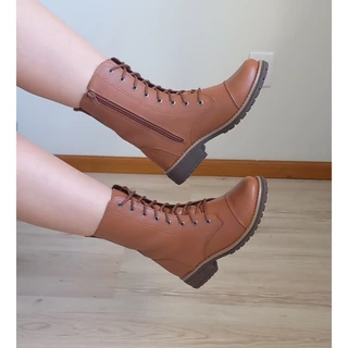 Bota Coturno Botinha Caramelo Couro Legítimo Cano Médio Salto Baixo Lançamento Confortável