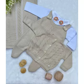 Saída de maternidade de menino bege leão bomber tricot 4 peças completa