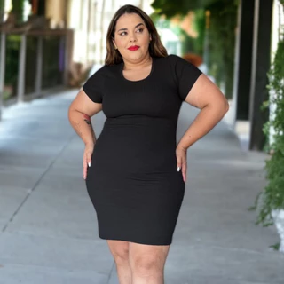 Vestido Plus Size Midi Tubinho Canelado com Manguinha Básico