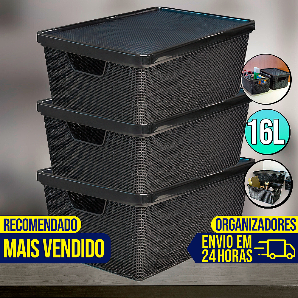 Kit 3 Caixas Cesto Organizador 16 Litros Grande Com Tampa Multiuso Armazenamento CABE TUDO