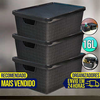 Kit 3 Caixas Cesto Organizador 16 Litros Grande Com Tampa Multiuso Armazenamento CABE TUDO