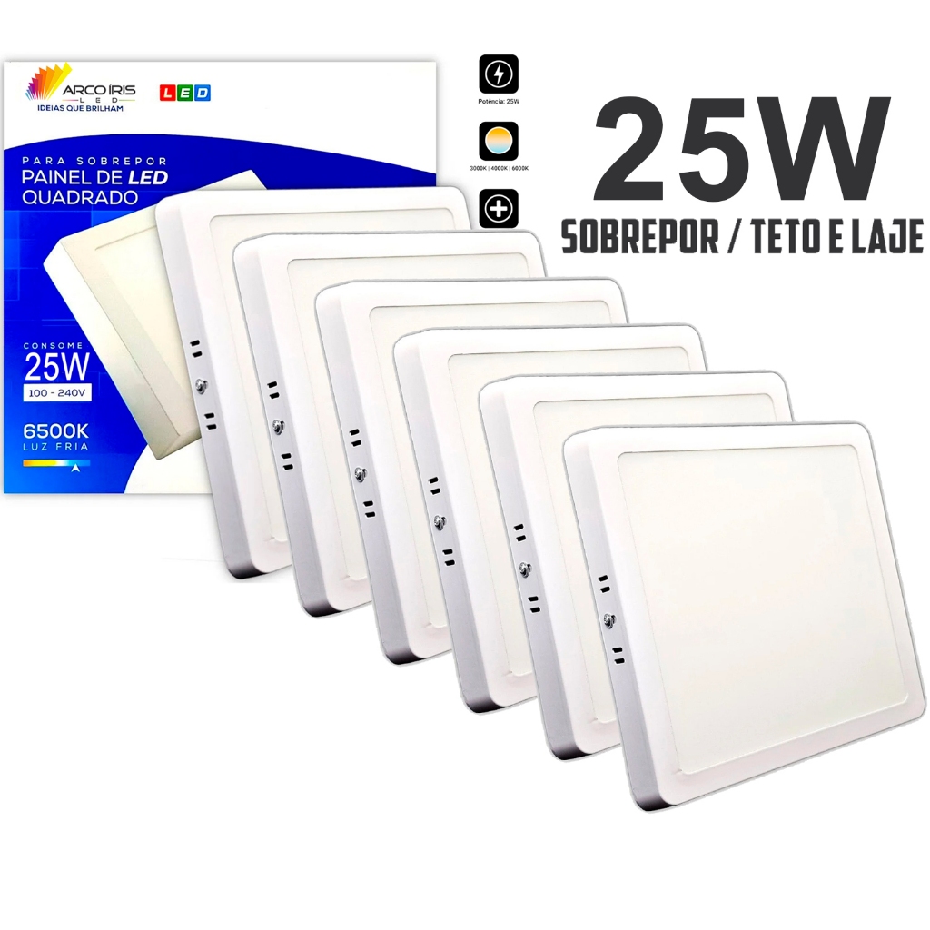 Kit 06 Painel Plafon Led Atacado Teto/Laje Sobrepor 25w Quadrado Luz Fria 6500k Forte 29x29