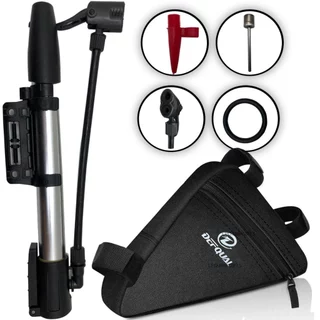 Bolsa Triangular De Quadro Para Bike Bicicleta + Bomba De Ar Enche Bola Presta Bico Fino E Grosso