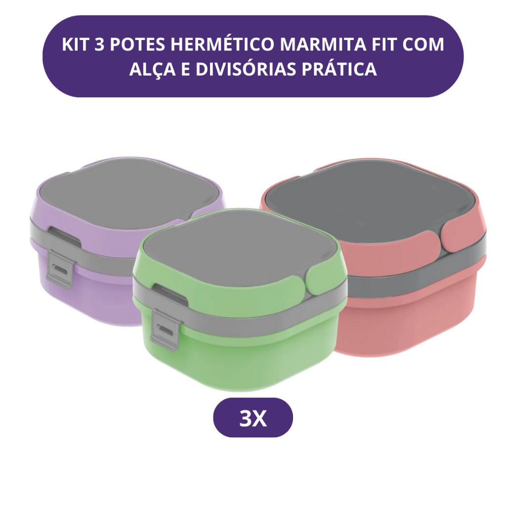 Kit 3 Potes Hermético Marmita Fit Com Alça e Divisórias Prática Plasvale Adulto e Infantil