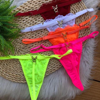 Kit 5 Calcinhas Playboy Sexy Fio Dental Sensual Em Renda Pingente Coelhinha Tanga