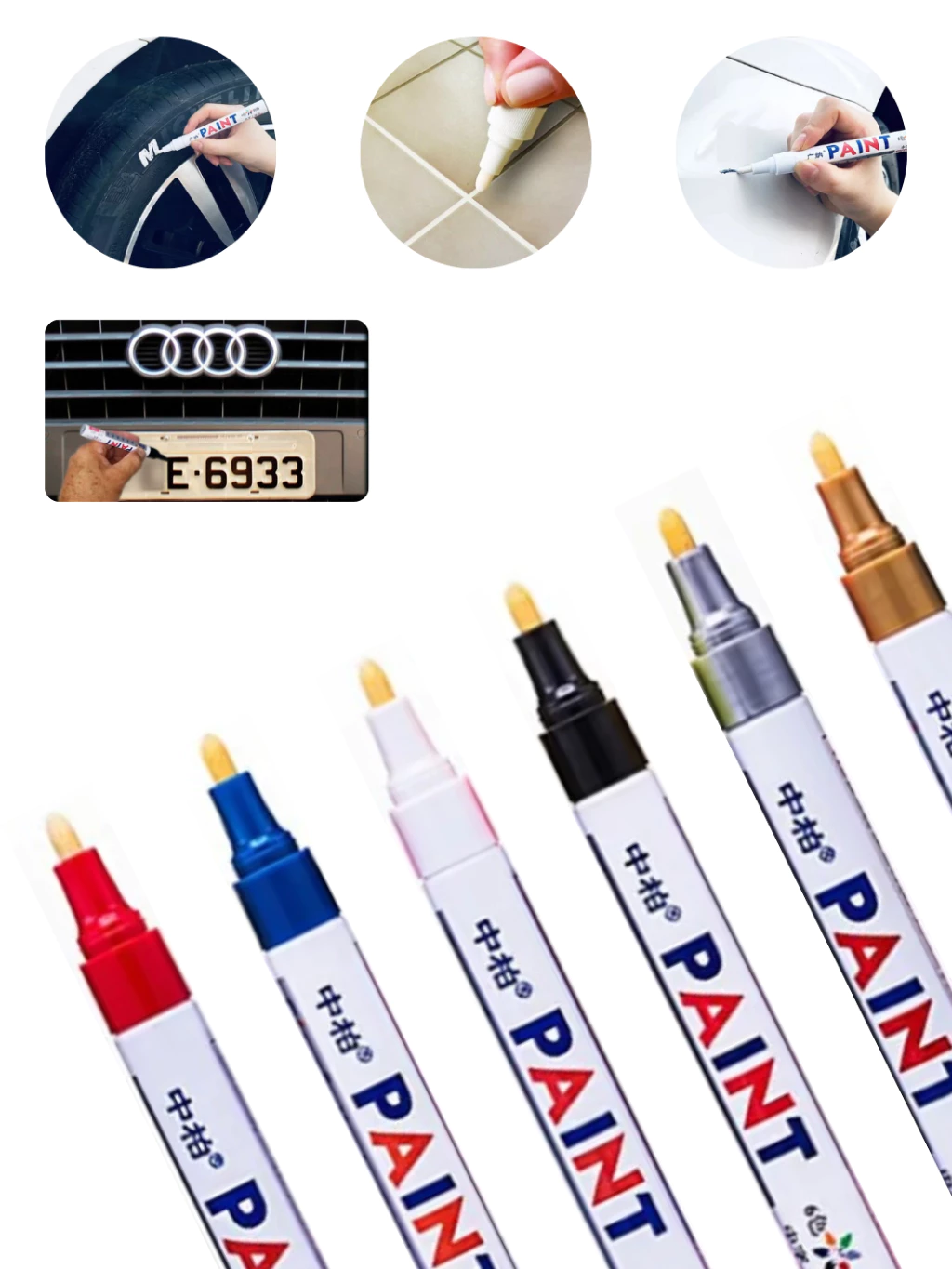 Caneta Paint Original Reparadora Pintura Automotiva Permanente Não Sai Na Água Tira Riscos Carro Moto Retoque de Placa Tênis Pneus para Ferro Metal Madeira Plástico Gesso Vidro Couro Tecido Cores Preto Branco Prata (Cinza) Dourado Azul Vermelha