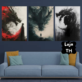 Quadros Decorativos 3 Peças 60x40 Arte Dragão Chinês | Quadro de Decoração Para Quarto, Sala, Escritório
