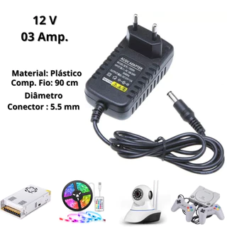 Fonte Energia Estabilizada 12v 3A Bivolt Plug P4 Led CFTV Câmera