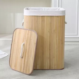 Cesto de Roupa Suja 57CM Lavanderia em Bambu com tampa Retangular Forrado com Alça Quarto Banheiro