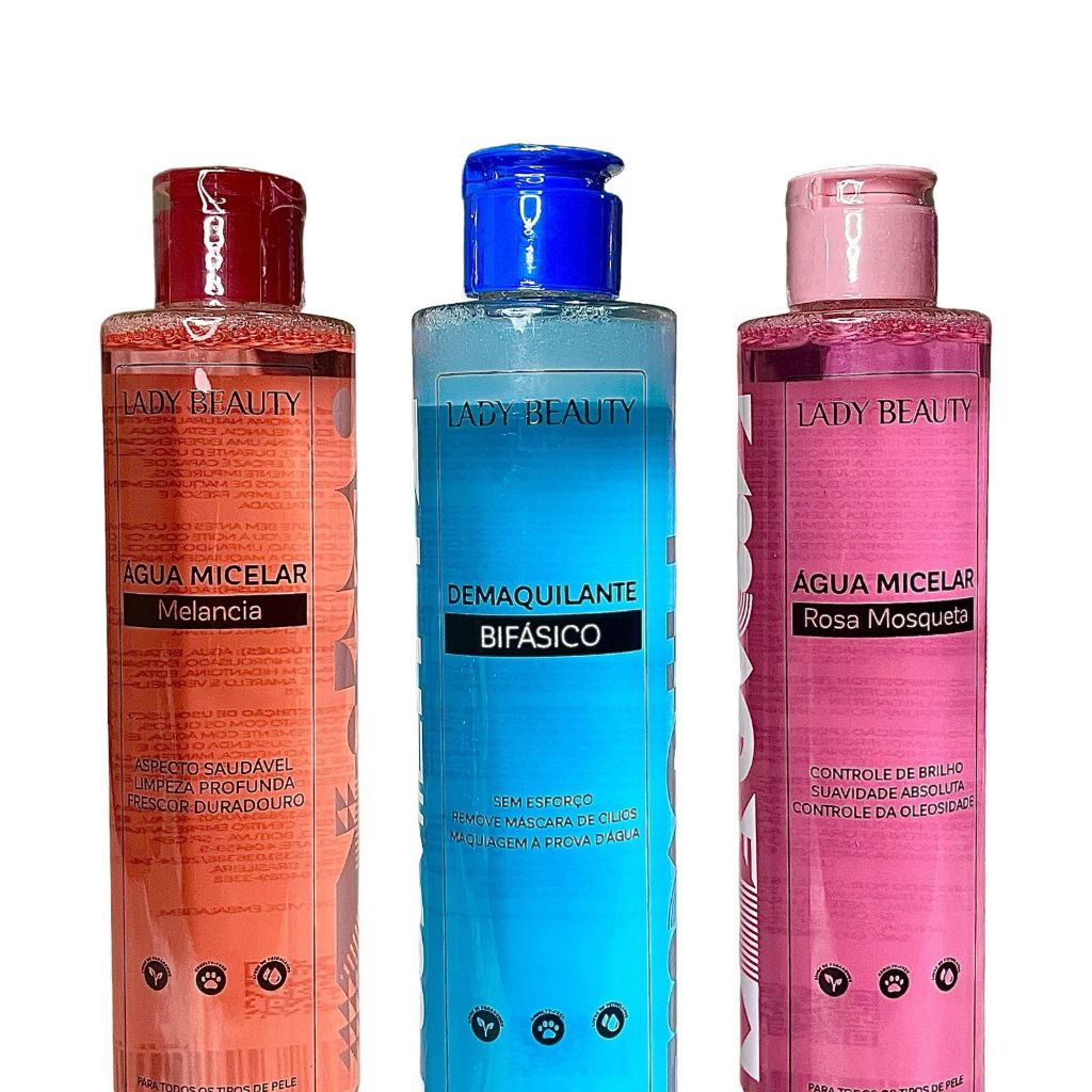 LINHA LADY BEAUTY Demaquilante Bifásico Água Micelar Rosa Mosqueta e ...
