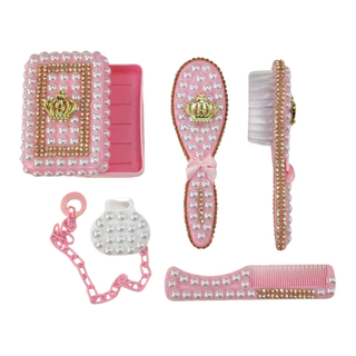 Kit higiene para bebê com Uma Escova + Pente + Saboneteira + Prendedor de Chupetas de luxo decorado com Pérolas