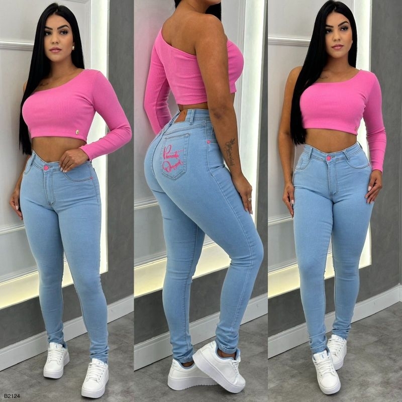 Calça jeans clara bordada botão rosa pimenta original Shopee Brasil