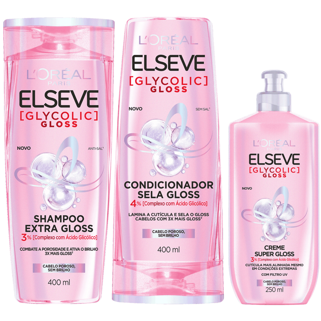 Kit Elseve Glycolic Gloss Shampoo 400ml + Condicionador 400ml + Creme ...