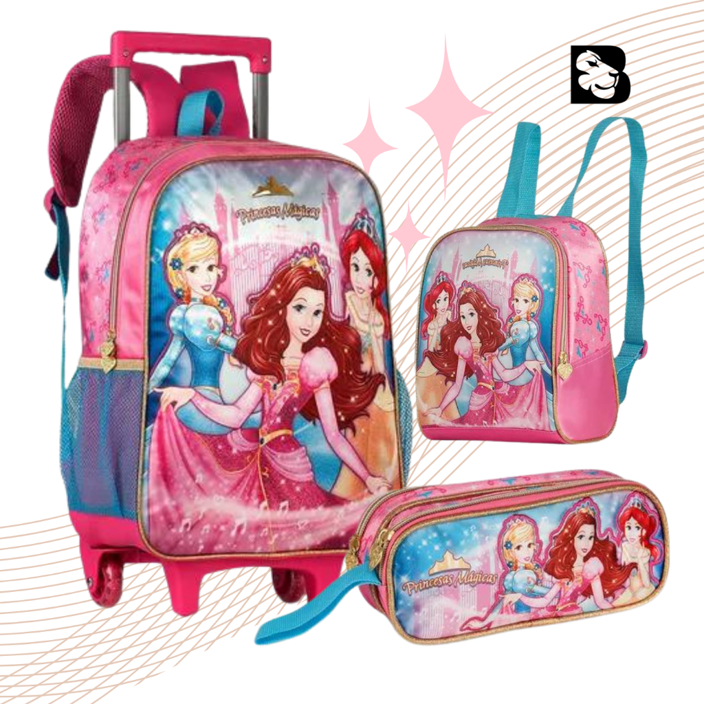 Kit Mochila Escolar Princesas Mágicas Com Rodinhas Lancheira e Estojo Duplo Para Menina Reforçada