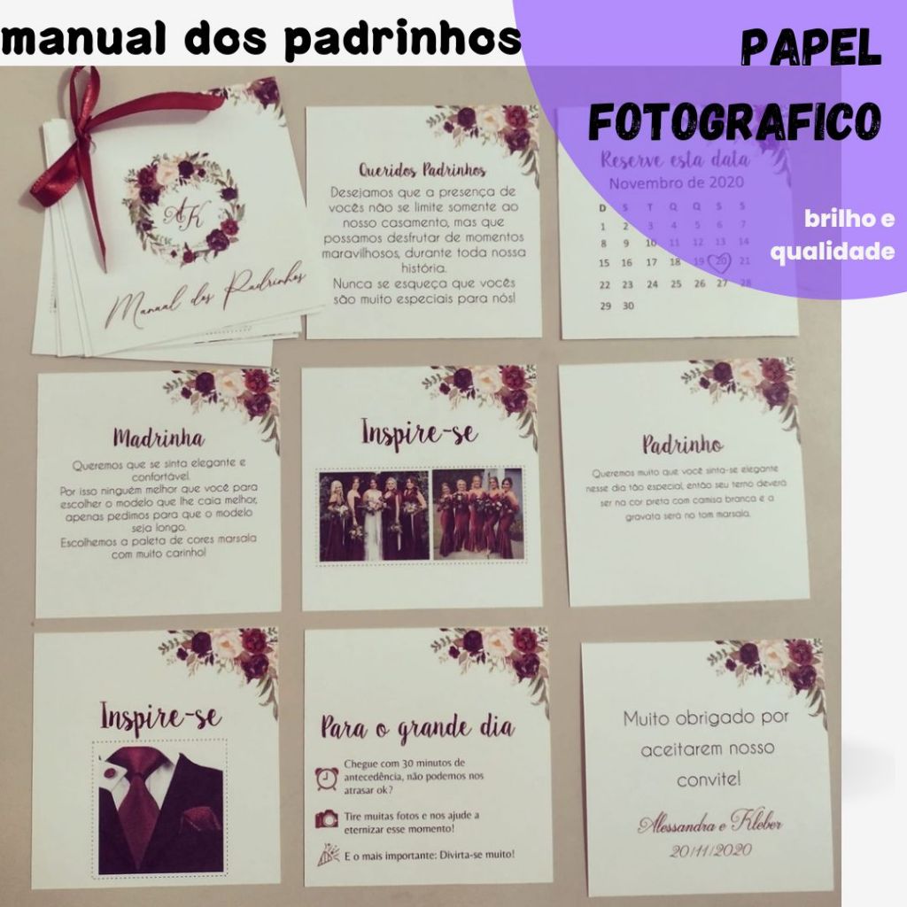 Manual dos Padrinhos para Casamento modelo com flores com Kit com 9 em 1 - 8 x 8 cm cartões - papel fotográfico brilho - casamento personalizado