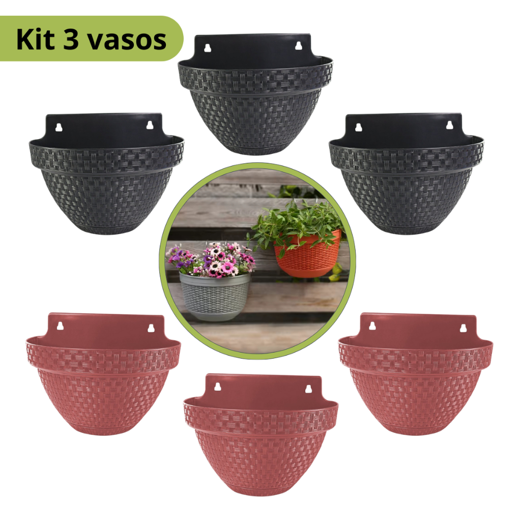 Kit 3 Vasos de Parede Meia Lua Rattan 3 Litros Terracota Preto