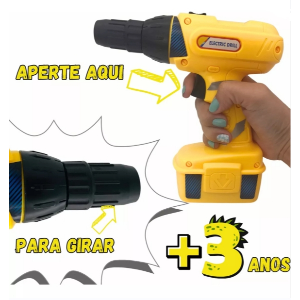 Brinquedo Ferramenta Infantil Furadeira A Pilha Vermelha e amarela