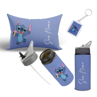 Kit Com Seu Nome Stich, Garrafa Térmica com Canudo Almofada e Chaveiro Personalizados