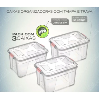 kit Com 3 Caixas Organizadora Com Travas 56 Litros Transparente Multiuso Doméstico Cozinha Ferramenta Brinquedo Roupas Documentos Cesta Caixa Casa