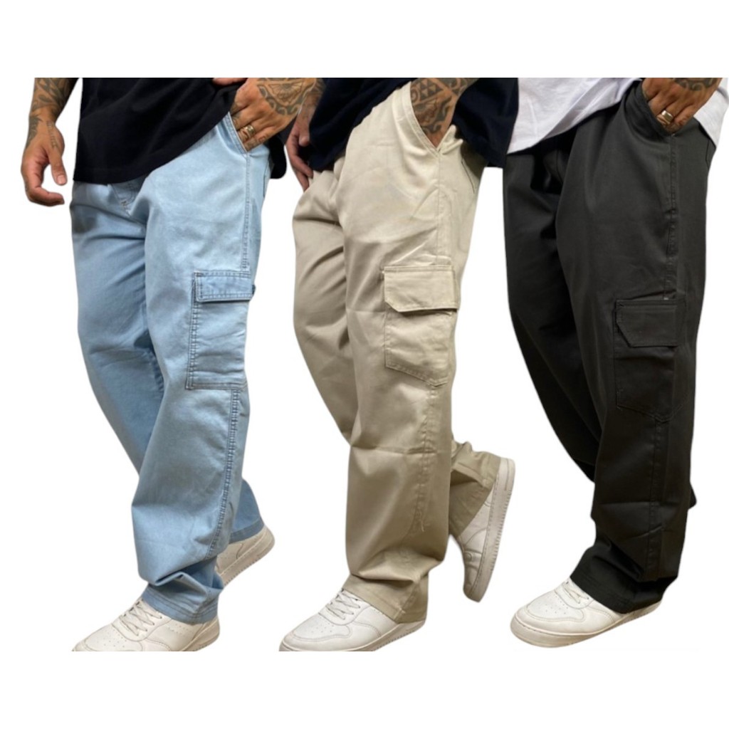 Calça Cargo JEANS Larga Bolsos Lateral Skatista Streatwear