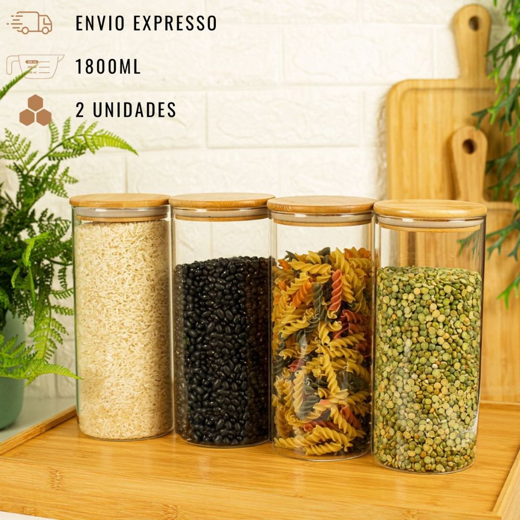 Kit 2 Potes Grande de Vidro com Tampa Bambu 1,5L Grande Mantimentos ...