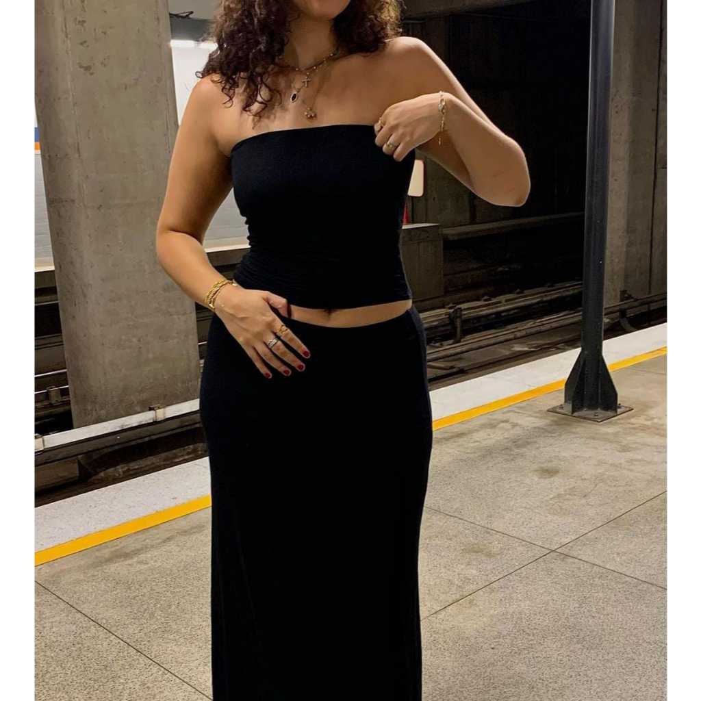 Conjunto Manu Blusa Tomara Que Caia/ Saia Longa Corte Reto- Do