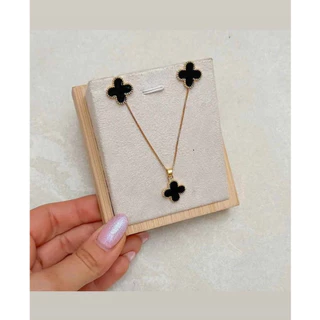 Conjunto Trevo Virginia Colar e Brinco Folheados a Prata e Ouro