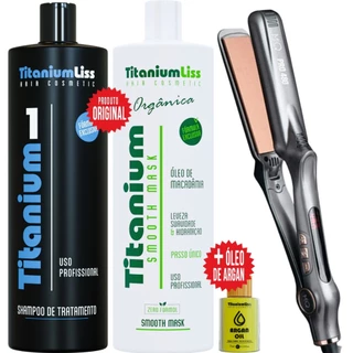 Prancha Chapinha Profissional MQ PRO 480 Chumbo + Progressiva Titanium Liss Orgânica 300ML + Argan