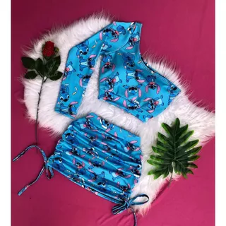 Conjunto Feminino Asthetic lilo & stitch saia drapeada e cropped mula manca lilo & stitch ombro só estilo moda gringa