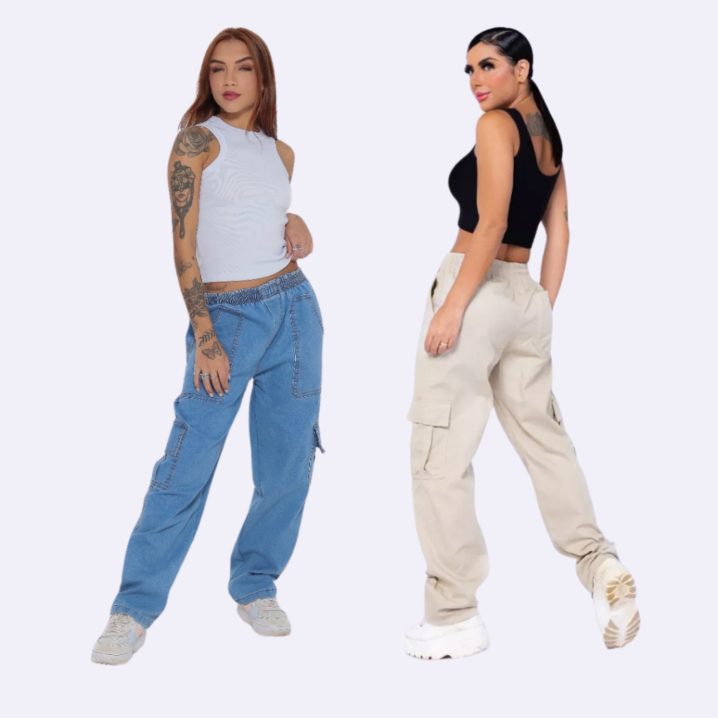 Calça Cargo Jeans Sarja Streetwear Feminina Hip Hop Estilo De Rua Moda ...